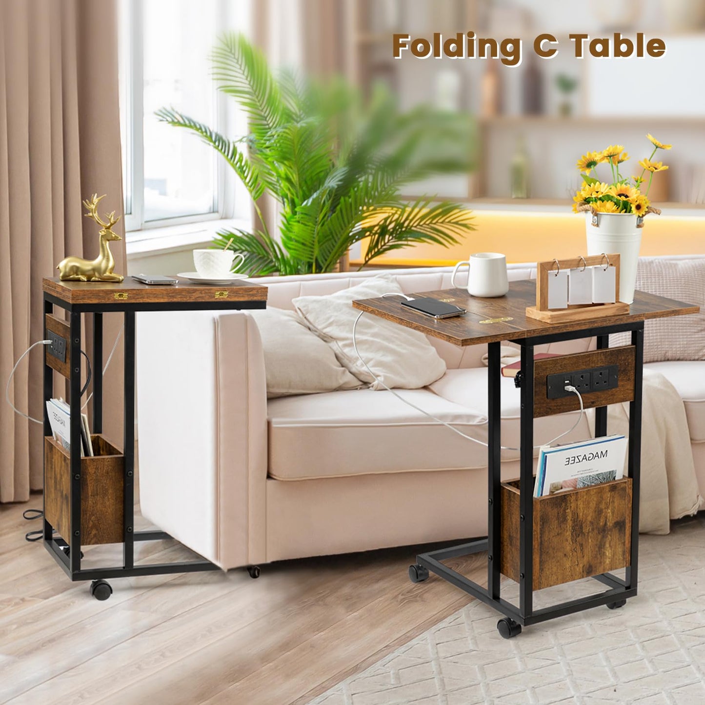 Hadulcet c shaped side table, sofa table with Charging Station & Foldable Tabletop, Laptop Table for Couch, C Table with Storage for Sofa