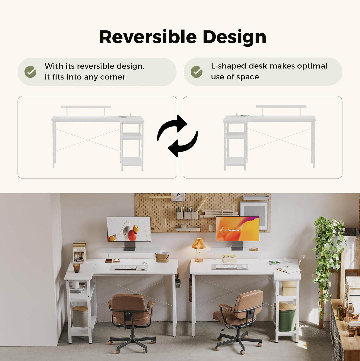 Mericonia Reversible Corner Desk, w. Led & Power Outlets, 100x70cm, White
