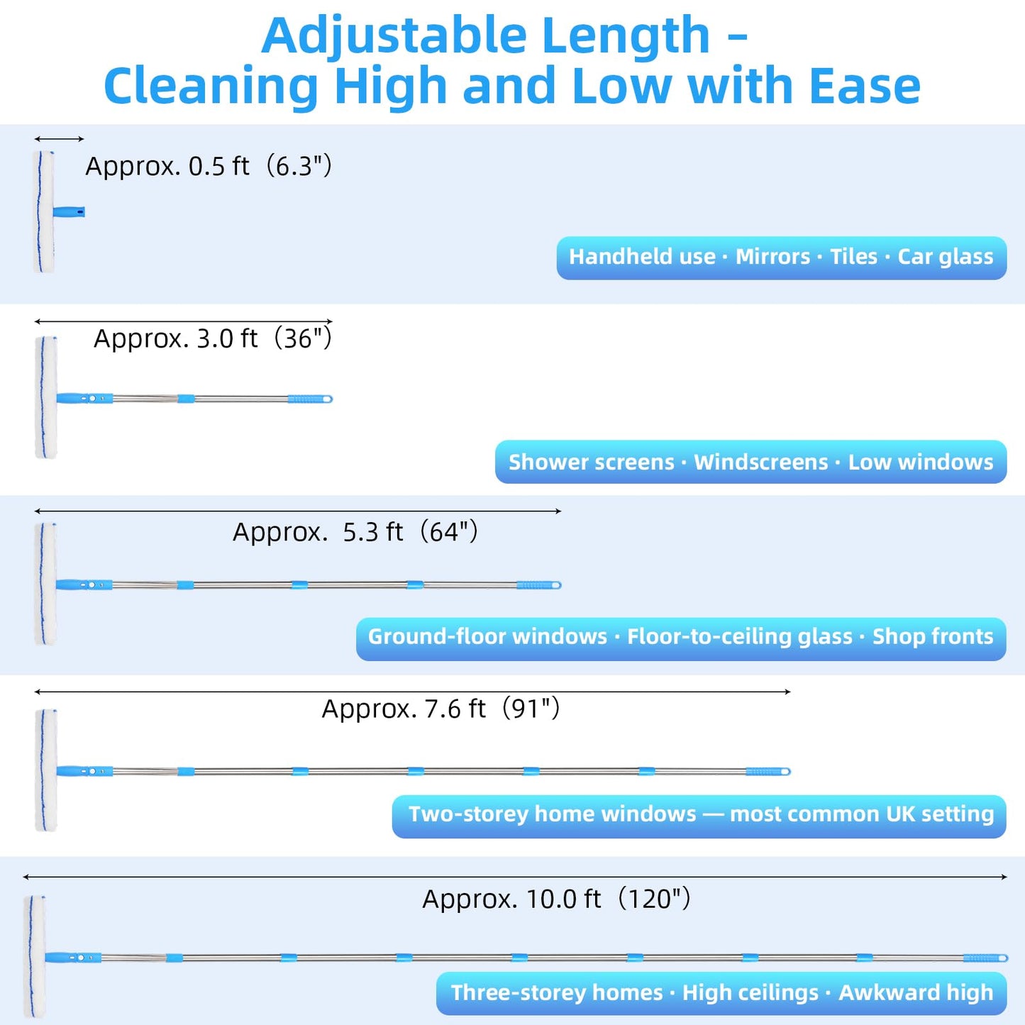 Window Cleaning Equipment with 3m Extension Pole, Squeegee Scrubber Tool