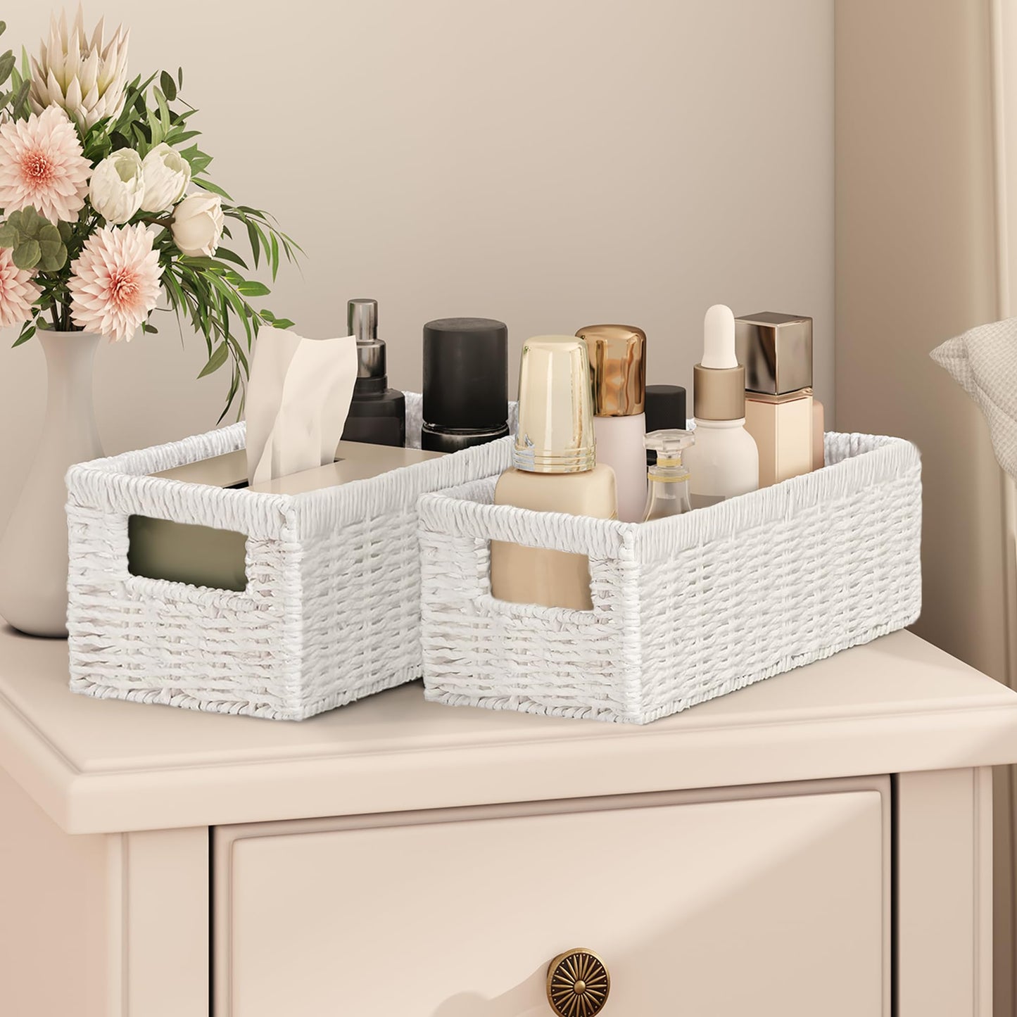 Vagusicc Wicker Storage Basket, Set of 2 Handwoven Storage Baskets for Shelves, Organiser Storage Basket with Handles, Toilet Paper Basket
