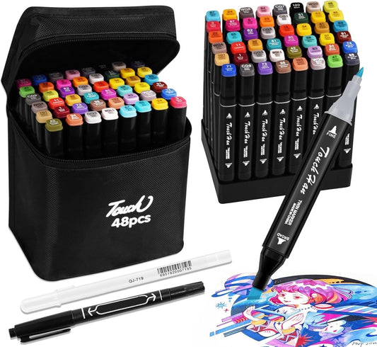 48 Colored Alcohol Markers, Colouring Pens for Adult, Dual Tip Marker Pens, Felt Tip Pens, Permanent Marker Set with Carrying Case & Storage Base, Art