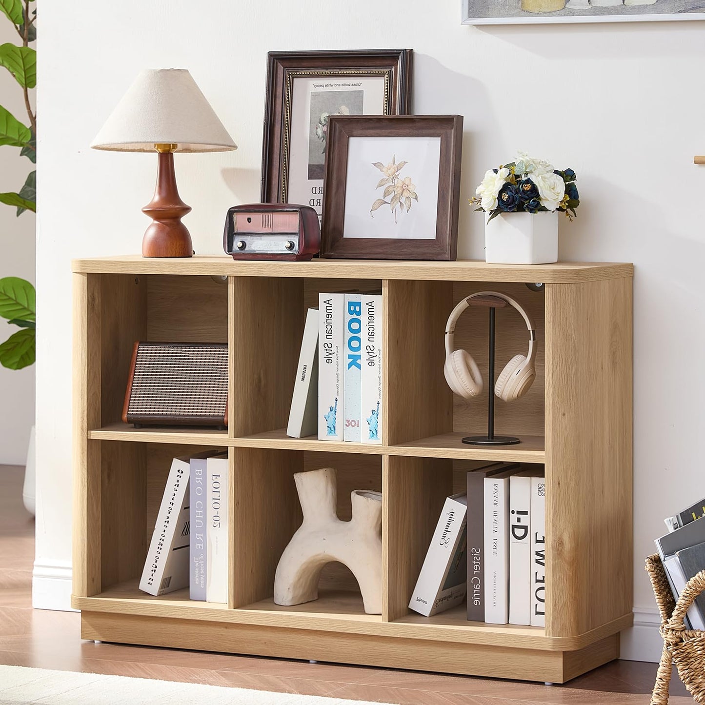 LELELINKY 6 Cube Storage Bookcase, 40" Wide Wooden Book Shelf with Thickened Base, Freestanding 2-Tier Open Book Case Unit with Curved Edge