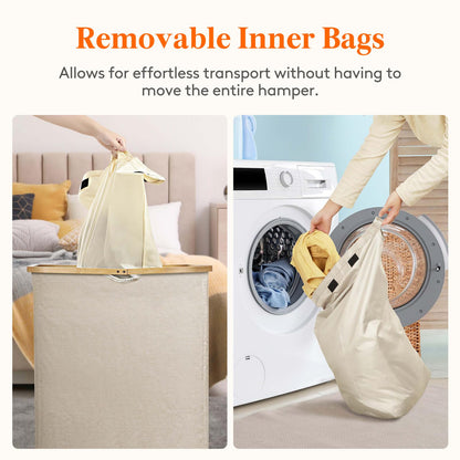 Lifewit 150L Laundry Basket with Lid 3 Compartments, Large Washing Basket with Removable Laundry Bags and Bamboo Handles, Clothes Hampers for Laundry,