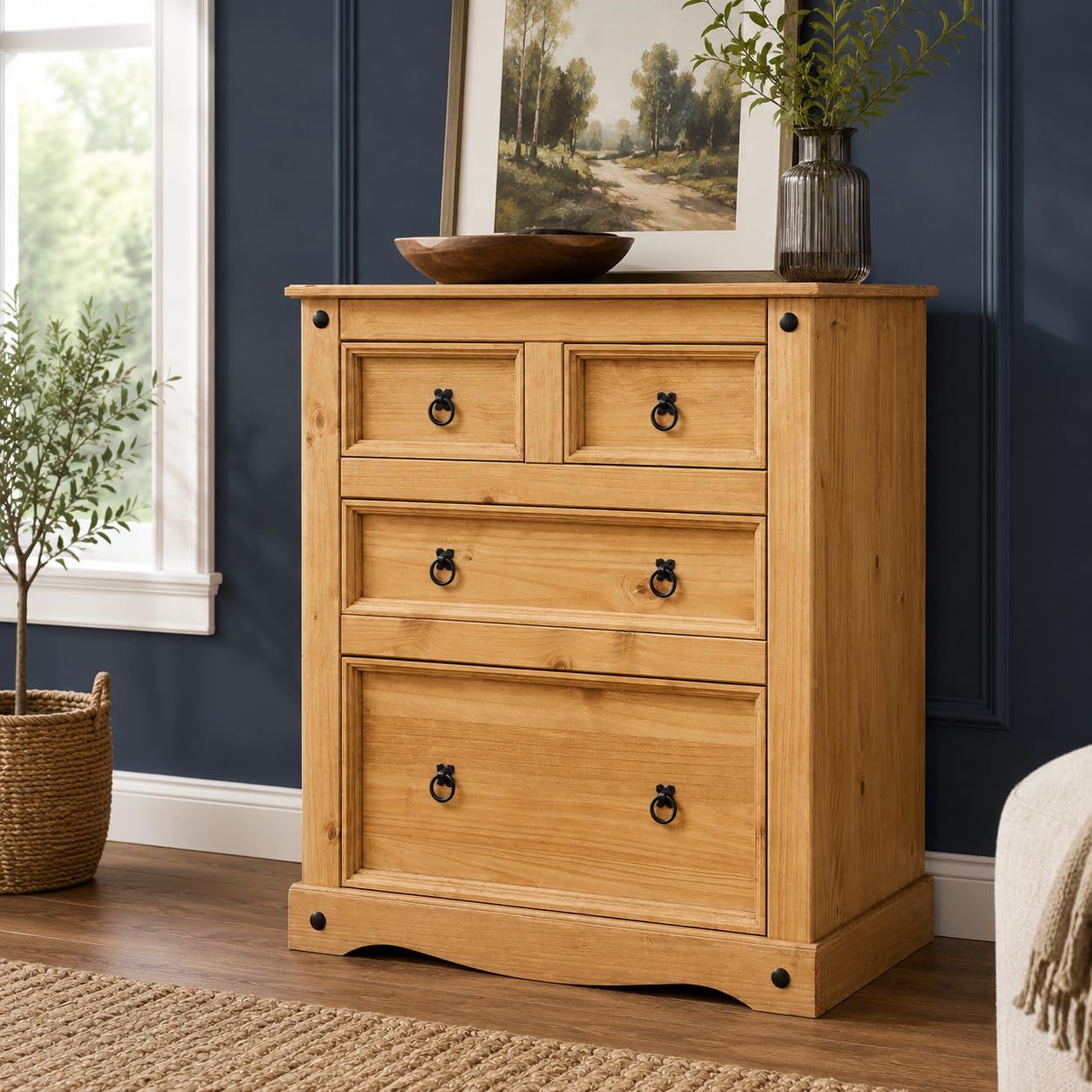 Corona Chest of Drawers 4 Drawer Solid Pine Wood with Traditional Design, Large Drawer Space, Black Metal Hardware, Wax Finish