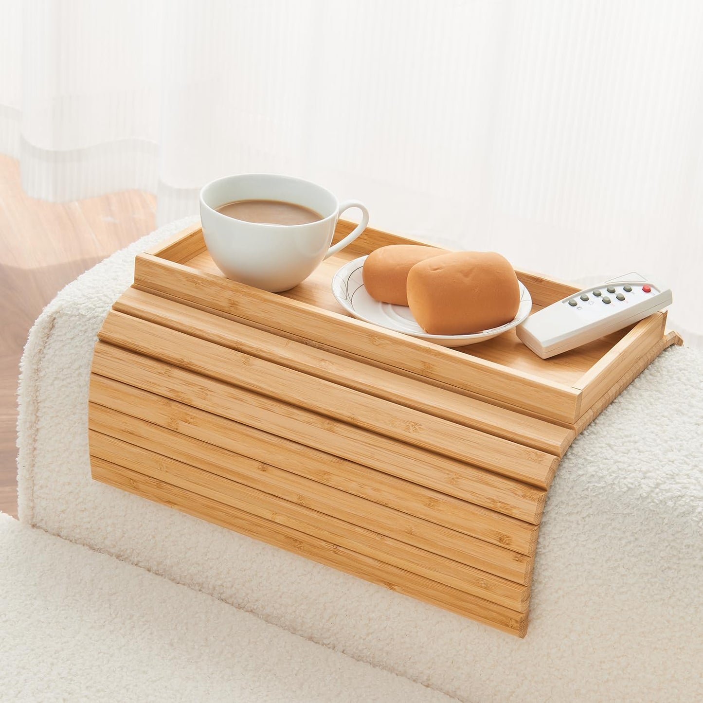 LOVYANXUE Bamboo Sofa Arm Tray, Anti Falling Couch Arm Tray Table, Foldable Couch Armrest Table, Portable Sofa Armrest Trays Cup Holder for Drink