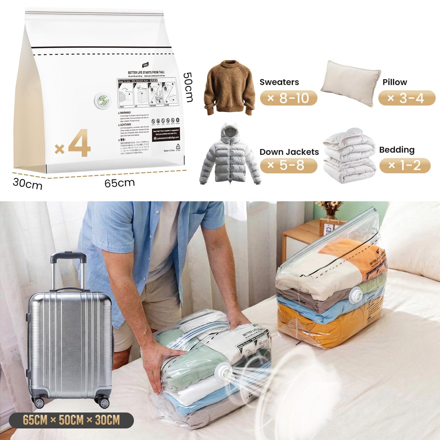 TAILI Cube Vacuum Storage Bags 4 Pack, Medium Size (50x30x65 cm), Clear