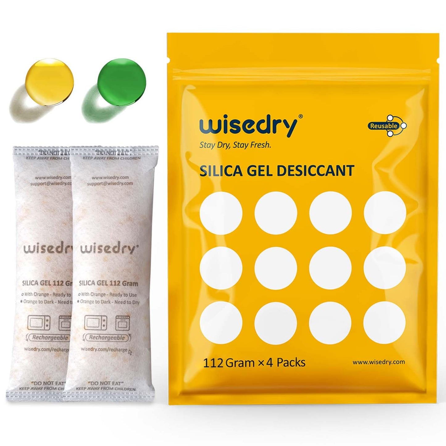Wisedry Silica Gel Sachets, [112g x 4 Packs] Food Grade Desiccant Sachets, Microwave Fast Reactivate Silica Gel Packets, Moisture Indicating &