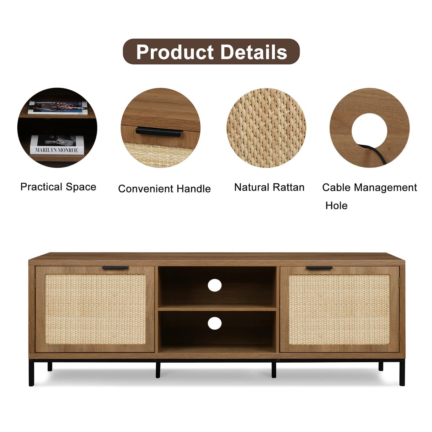 Yvsevnr TV Stand Cabinet TVs up to 65 Inches Wooden TV Console Unit with 2 Rattan Doors & Adjustable Shelves, Length 150 cm, Rustic