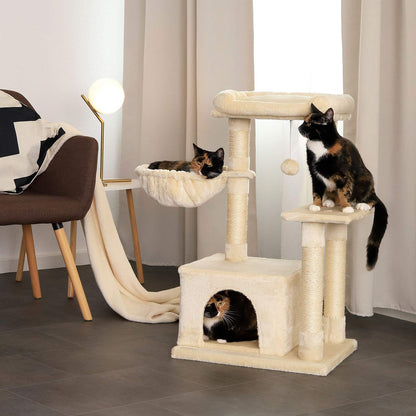 lionto Cat Scratching Post with Plush Ball and Lounger Height 85 cm Cat Tree with Sisal & Plush, Cosy Lying Surface & Cave, Includes Wall Bracket,