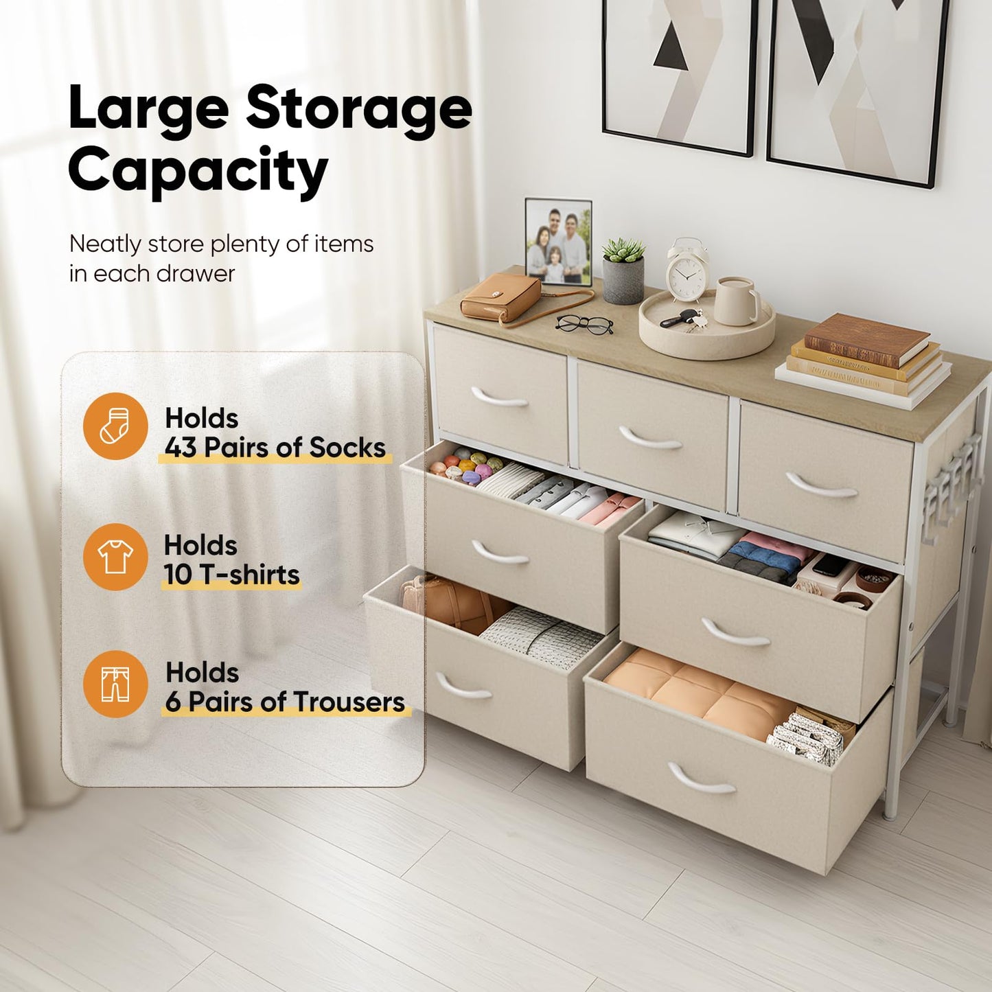 MAXLEAD Fabric Chest of Drawer with 7 Drawers, Home Storage Cabinet with Metal Frame & Wood Top, Large Capacity Dresser for Bedroom, Living Room