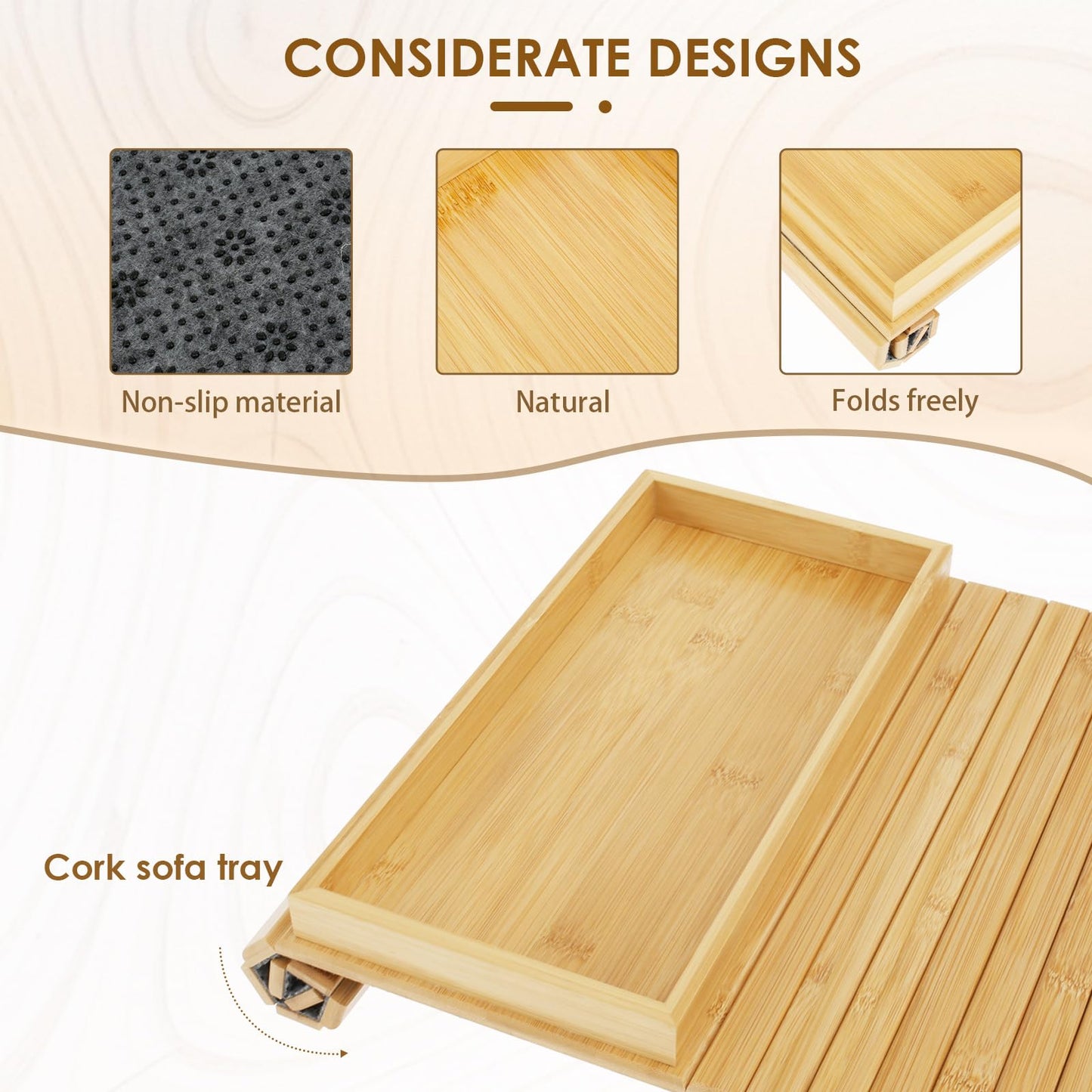 Bamboo Sofa Arm Tray Table Couch Arm Tray Folding Sofa Armchair Caddy Table Antislip Couch Cup Holder Stable Sofas Snack Trays for Drinks Cellphone