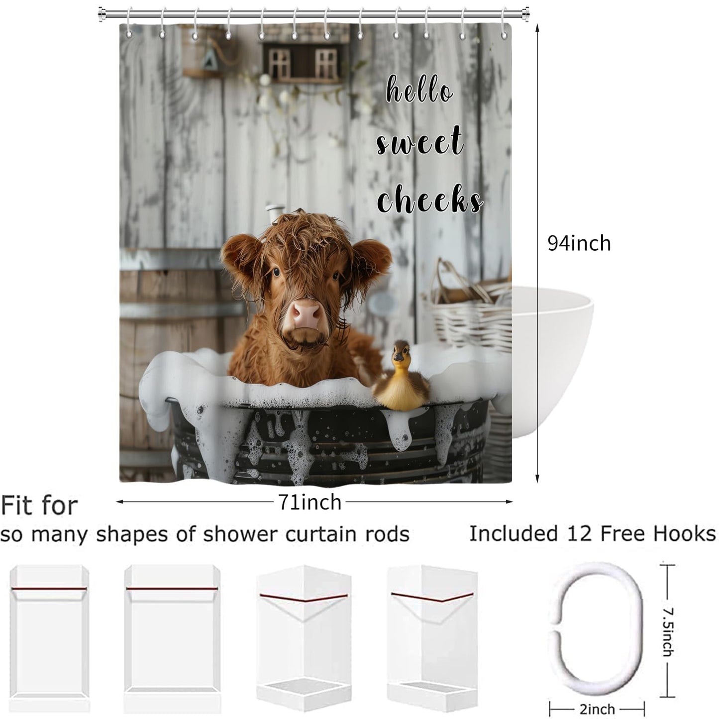 Hnmdmyi Funny Highland Cow Shower Curtain 180x240, Farmhouse Western Animal Cattle Duck Bathing in Bubbly Bathtub Bathroom Curtains Waterproof