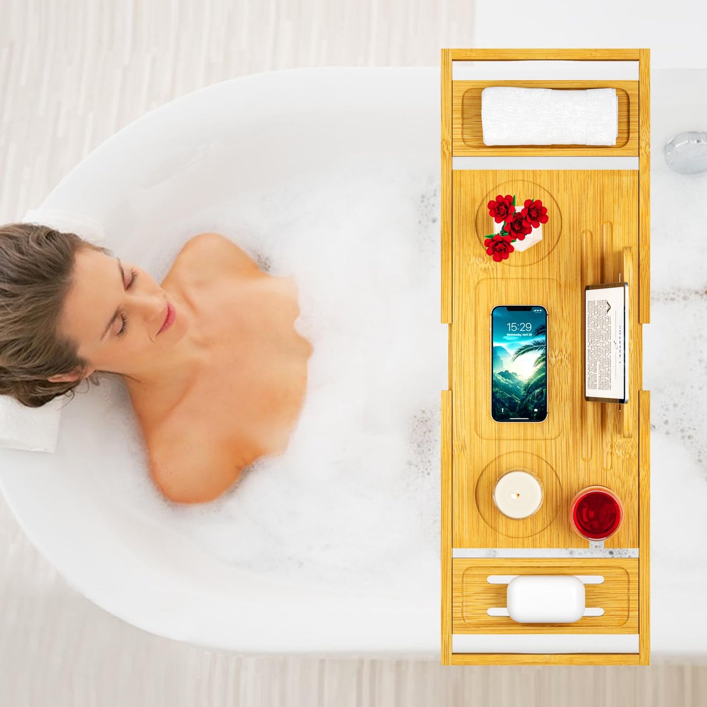 Bathtub Tray Caddy - Bath Tray - Bath Tub Tray Caddy - Bamboo Bath Tray for Tub - Expandable Size, Fits Most Tubs