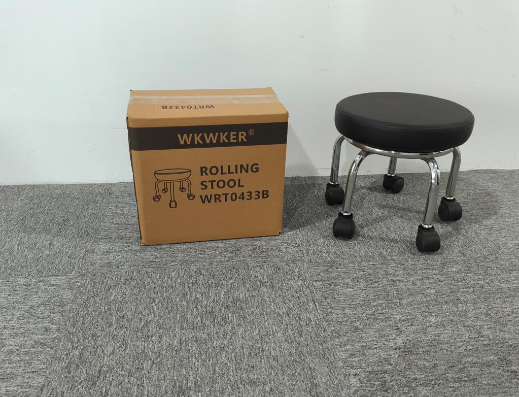 WKWKER Small Rolling Stool PU Leather Roller Seat 360° Swivel Low Round Chair with Universal Caster Wheels for Home Massage Garden Office Garage Shop