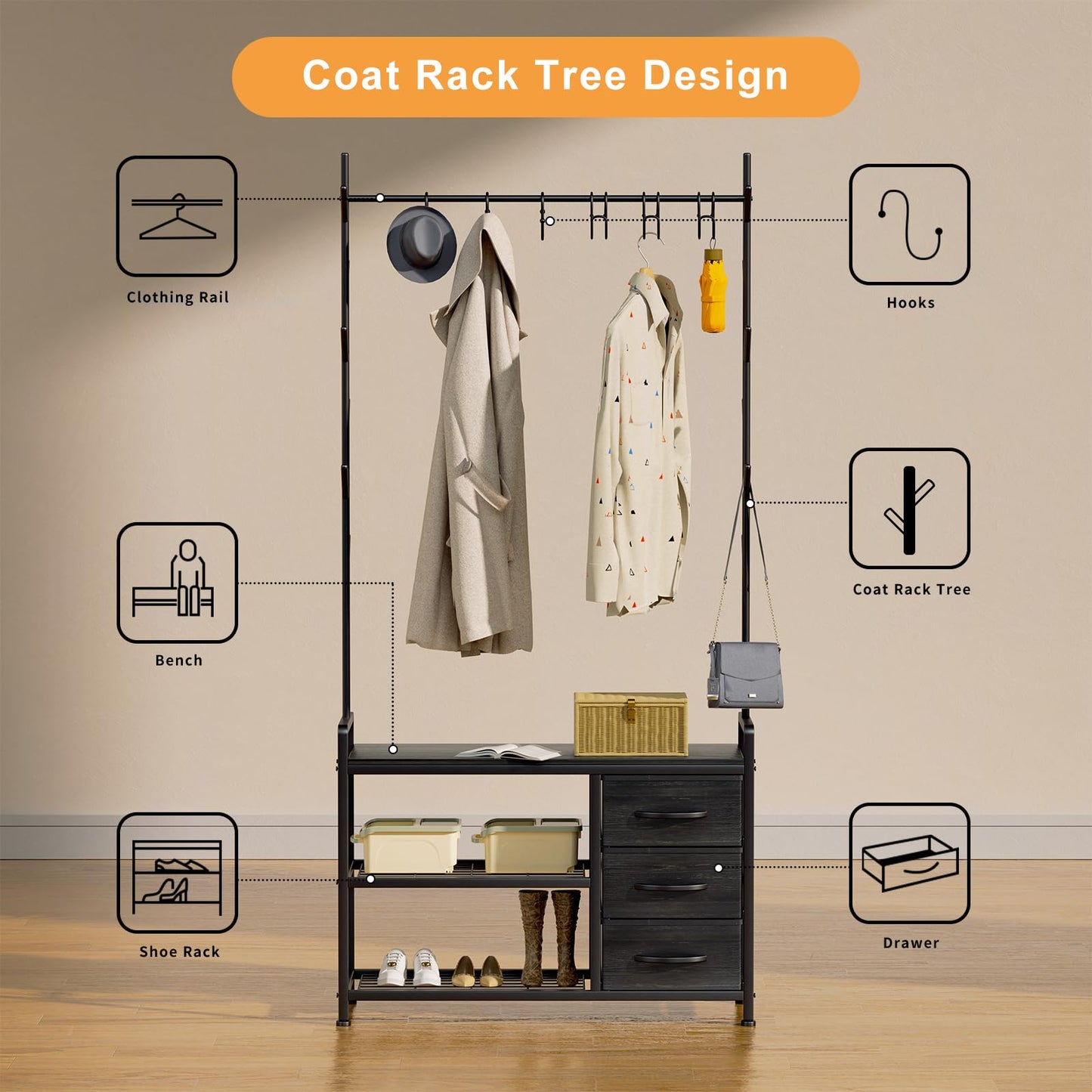 Free Standing Coat Rack Rustic Hall Tree 33"x12"x69.3" Black Wood Veins