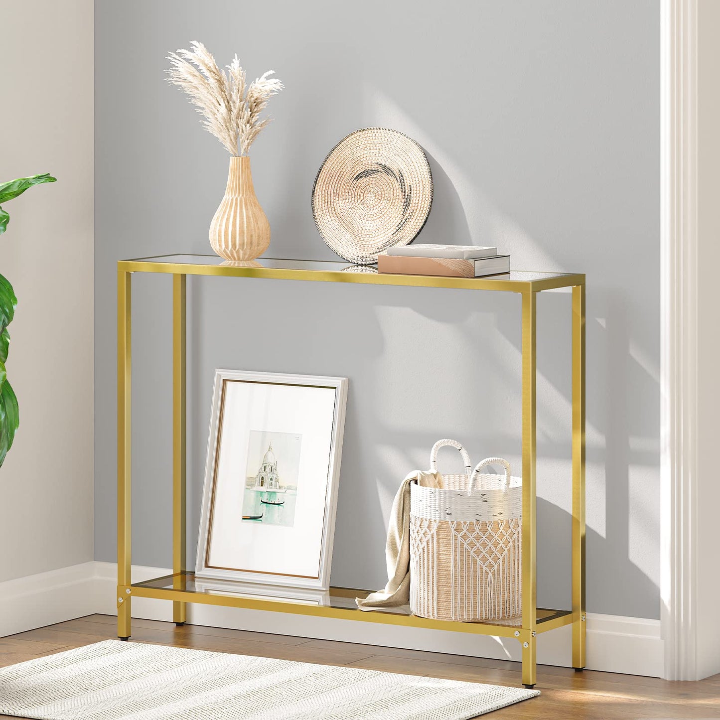 HOOBRO Console Table, 2-Tier Tempered Glass Console Table, Slim Hallway Table with 2 Shelves, 100 x 22 x 80 cm, Modern Display Table for Living Room