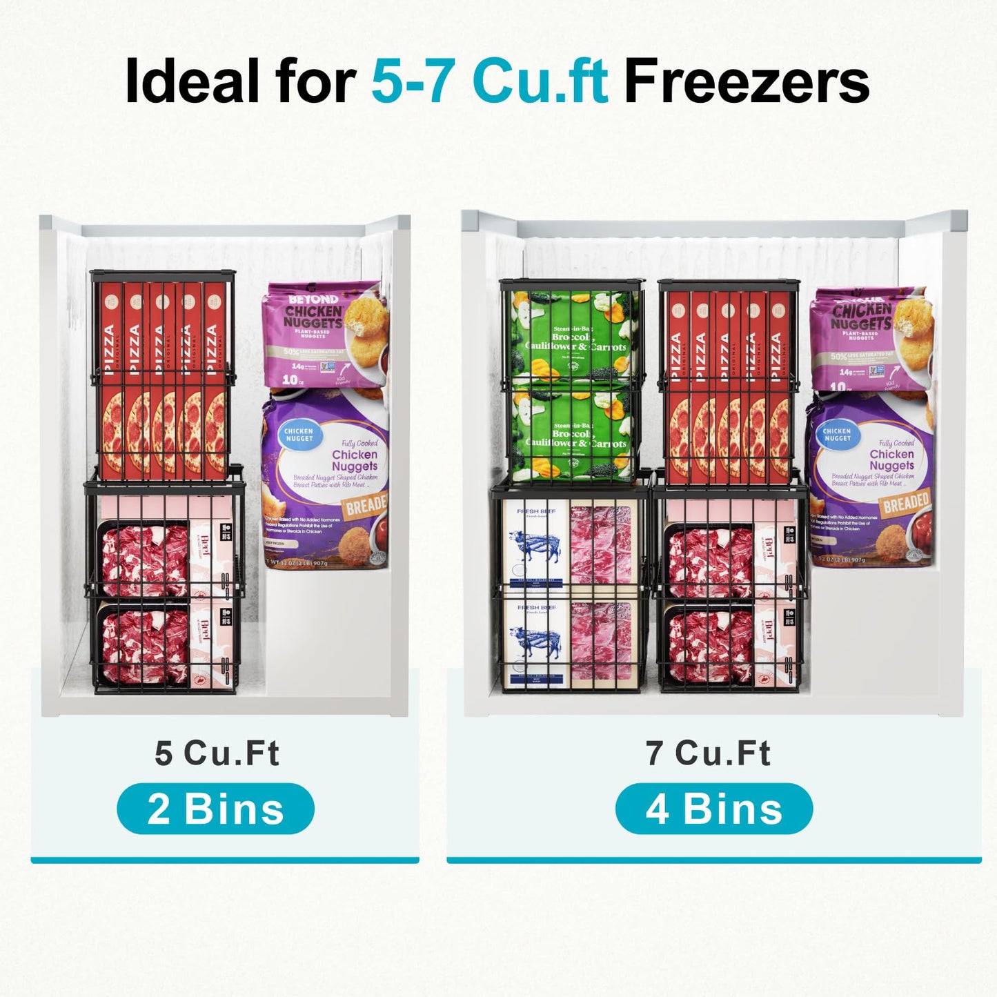 iSPECLE Freezer Baskets for Chest Freezers, 2 Pack Fits 12" Pizza Adjustable for 5 to 7 Cu.Ft Chest Freezer, Stackable Wire Baskets with Handles