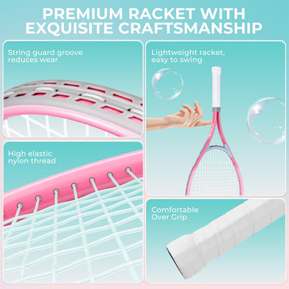 HIRALIY 27" Tennis Rackets Set of 2, 3 Tennis Balls, 2 Racquets, 2 Overgrip Tapes and 1 Carrying Bag Outdoor Recreational Sport Game (Pink/Green)