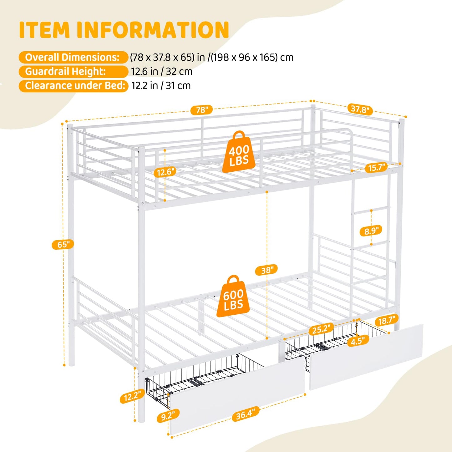 Bonnlo Metal Bunk Bed, Single over Single Loft Bed Frame with Ladder and Safety Guardrail