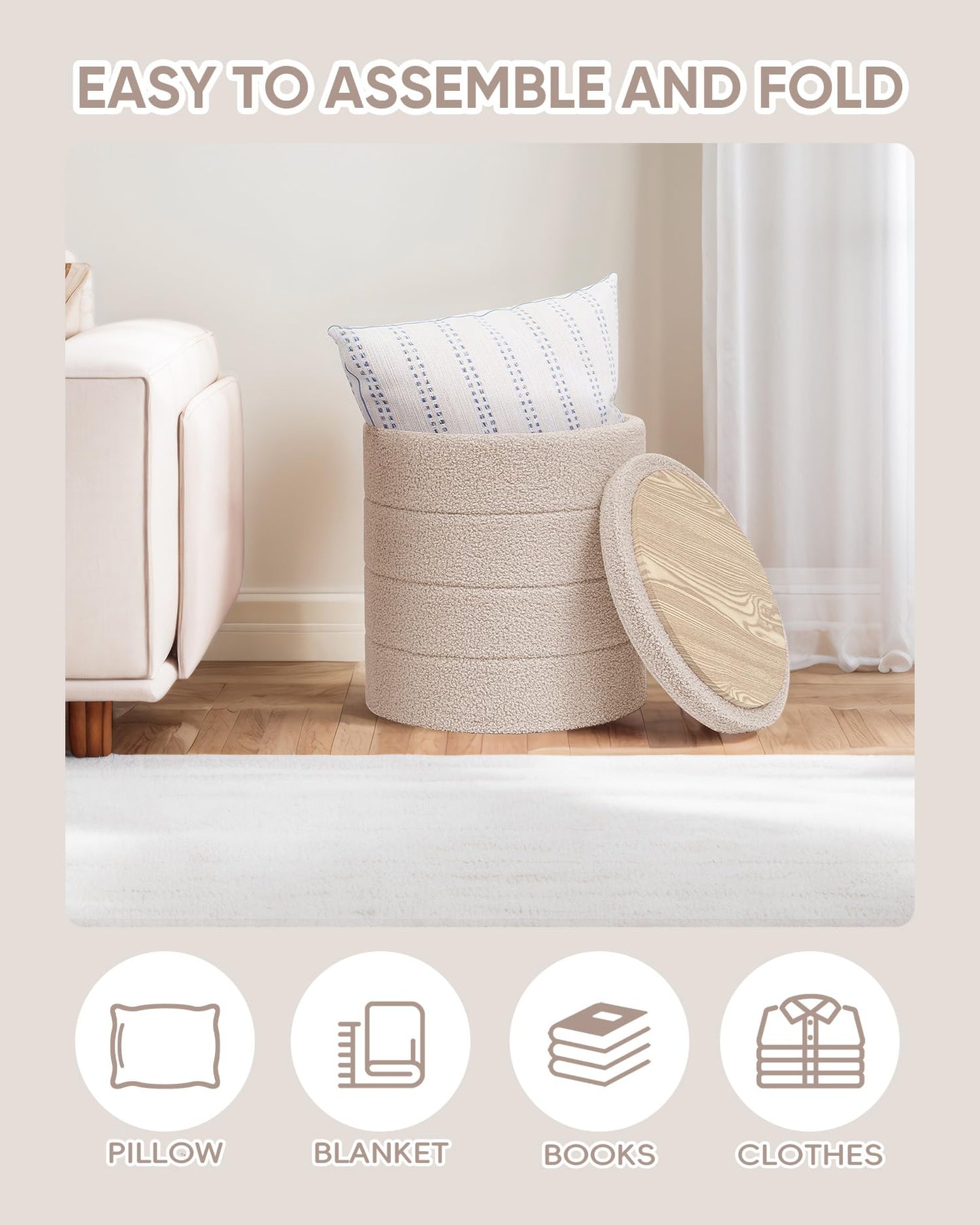 PINPLUS Round Ottoman Storage, Convertible Table, Beige, 37x37x45 cm
