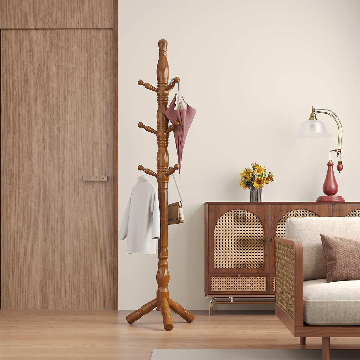Multibao Sturdy Wooden Coat Rack Stand Vintage Posh Solid Wood 185cm with 9 Hooks Heavy Duty Free standing Hall Coat Hat Clothes Tree Stands for