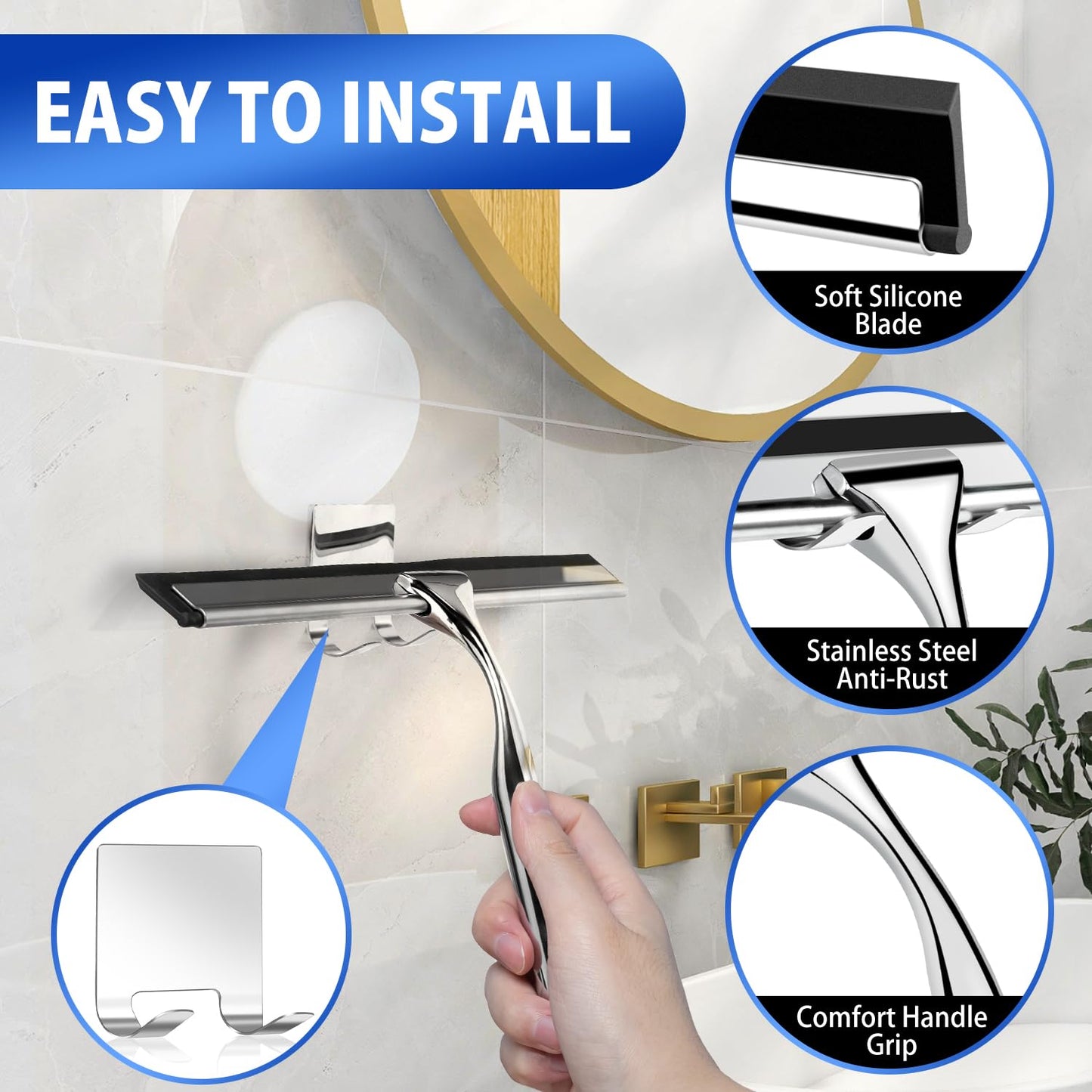 Shower Squeegee, Stainless Steel Window Squeegee, Shower Screen Wiper Squeegee Cleaner Tool for Bathroom, Glass Doors, Windows, Mirror, Car, Kitchen