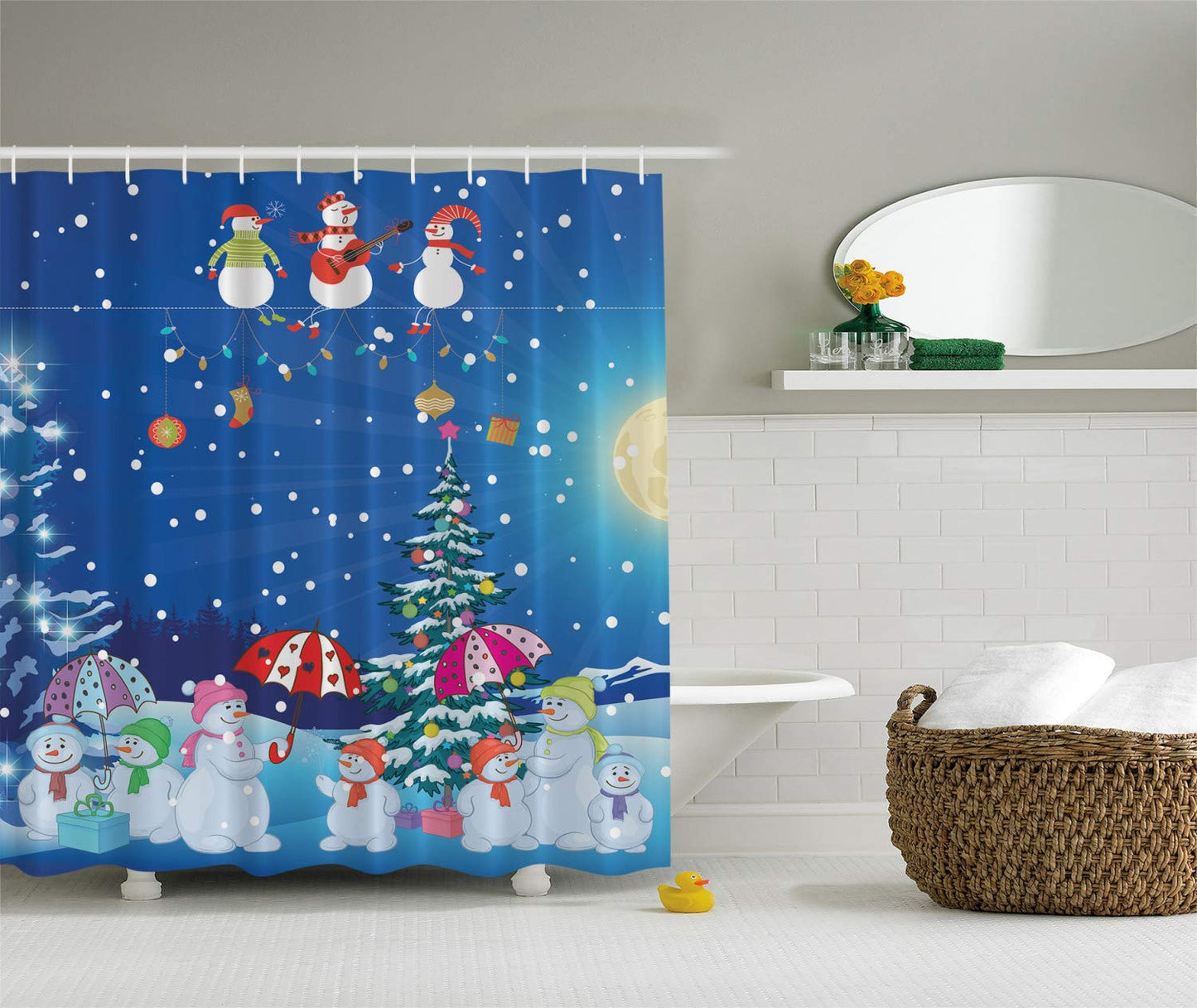 ABAKUHAUS Christmas Shower Curtain, Jolly Snowman Party Winter Happy Cartoon Nursery Kids Style Illustration, Cloth Fabric Bathroom Decor Set with