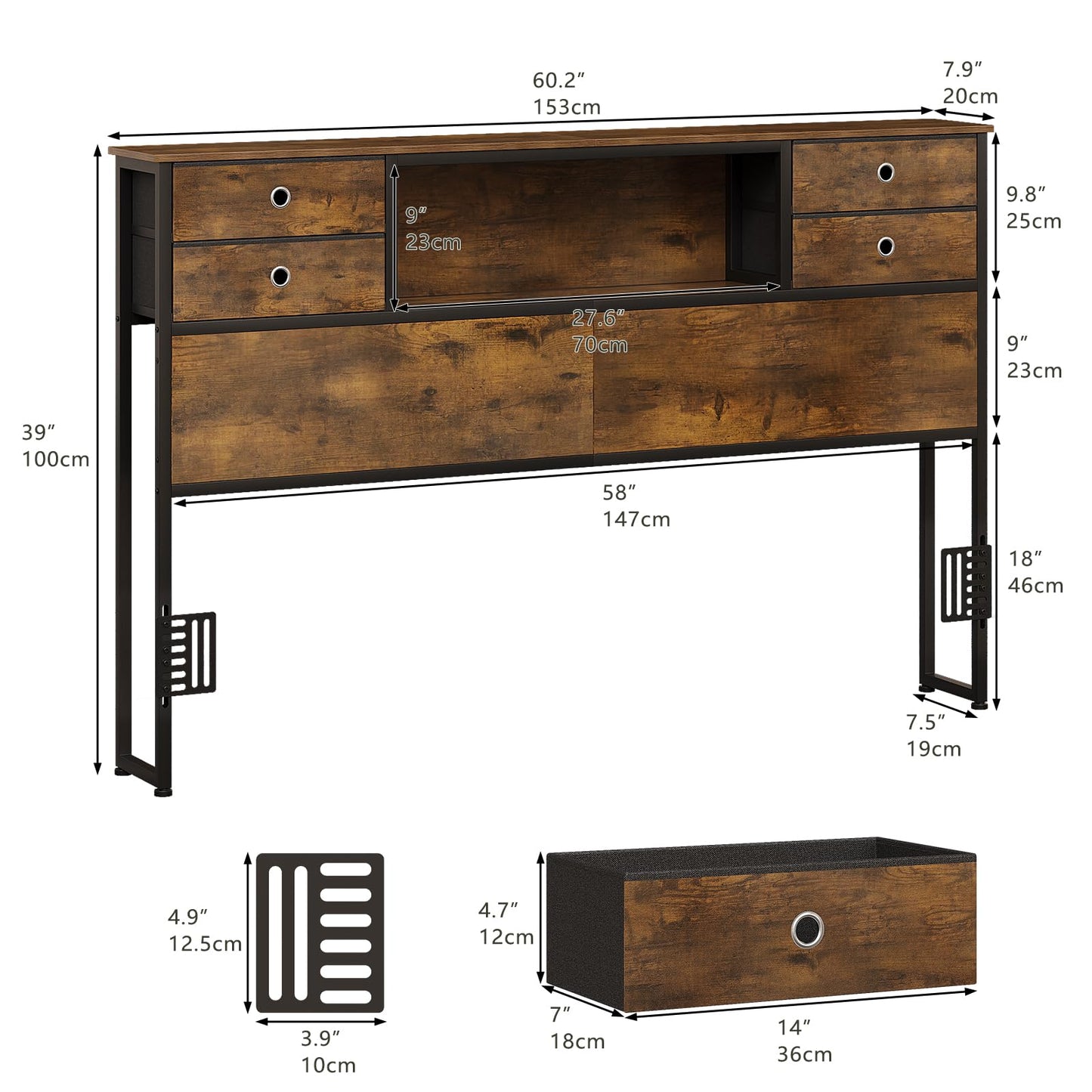 VEDECASA King Size Bed Headboard with Storage, Freestanding Headboard with 4 Fabric Drawers & Shelves, Adjustable Bed Frame Connectors