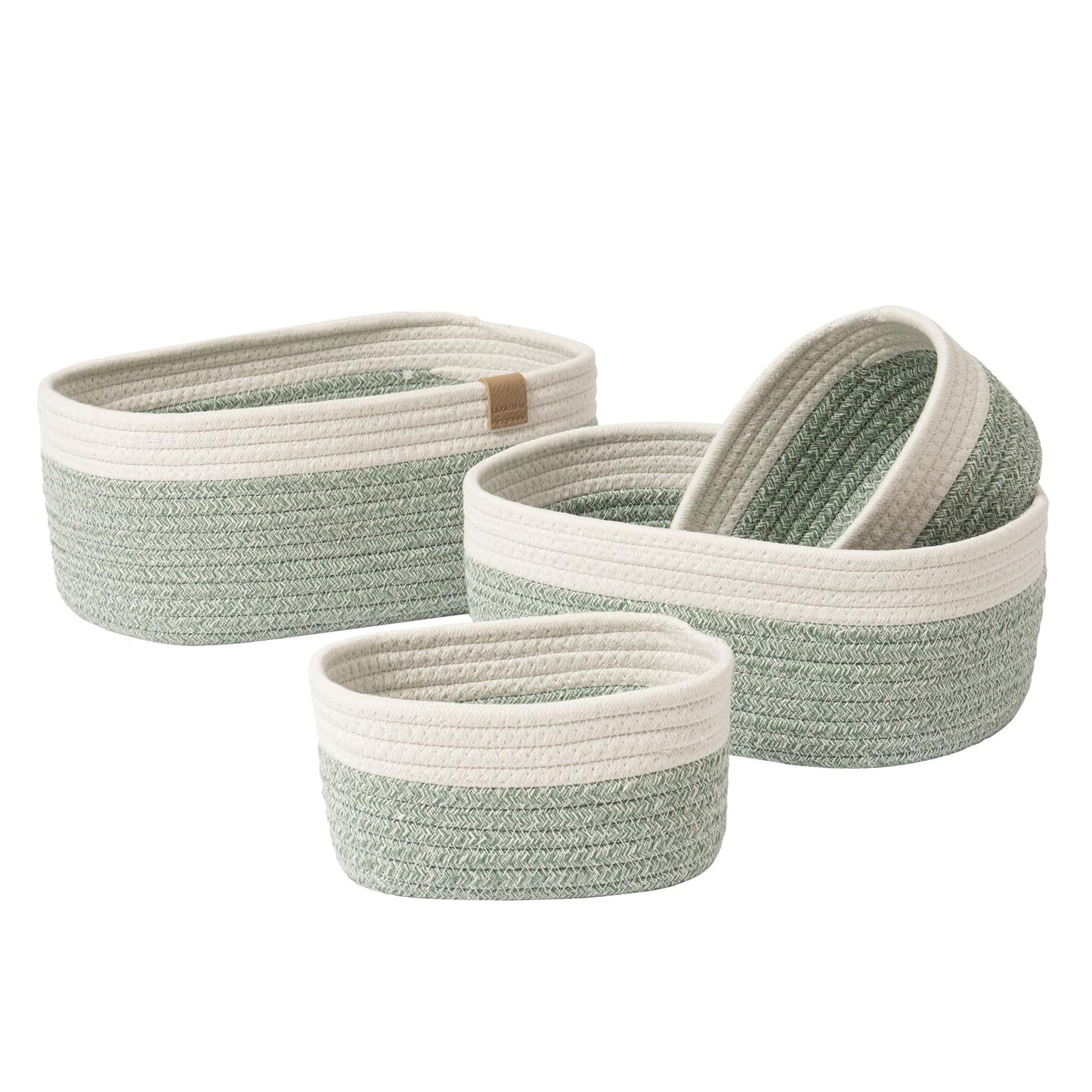 LA JOLIE MUSE Small Cotton Woven Storage Baskets, White & Green, 4 Pack