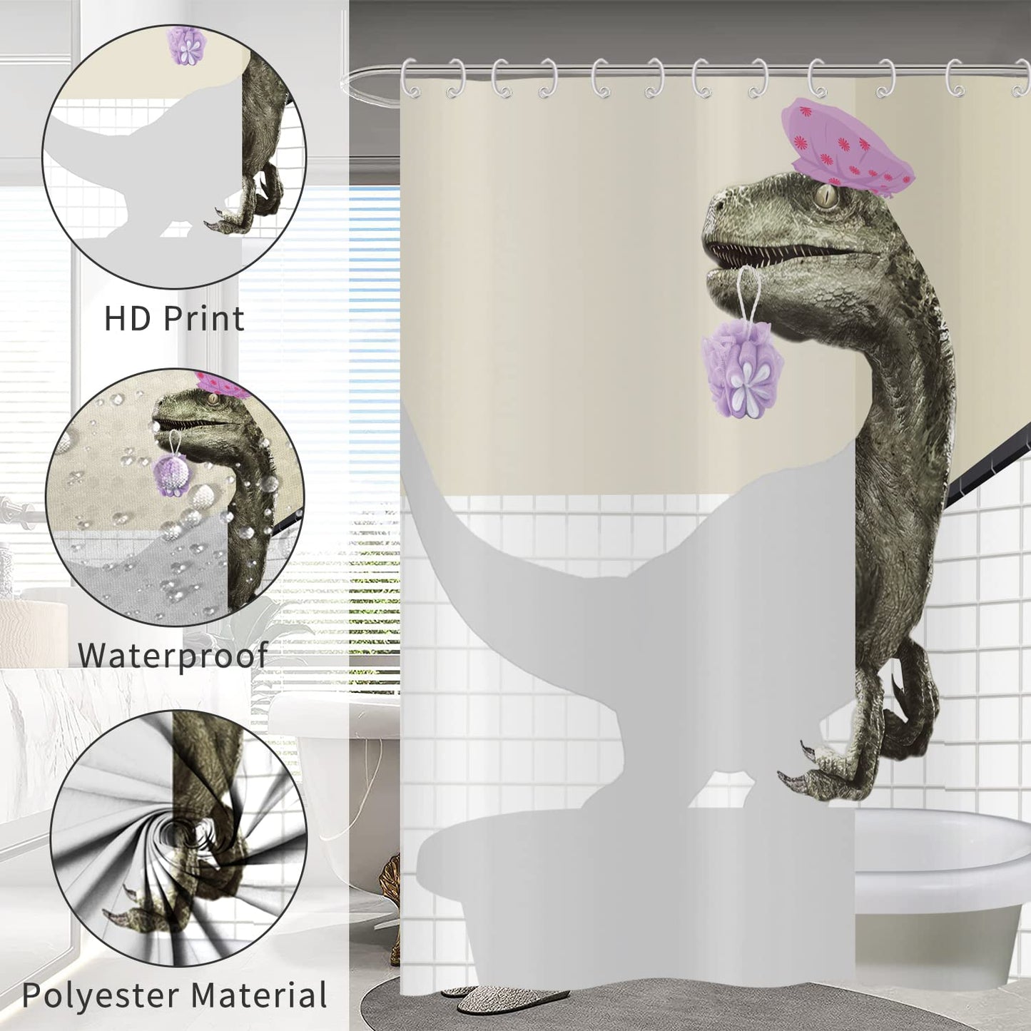 Hnmdmyi Funny Dinosaur Shower Curtain 90x180, Cute Bathing Dino Raptor Kids Bathroom Curtains Cartoon Animal Children Creative Modern Waterproof