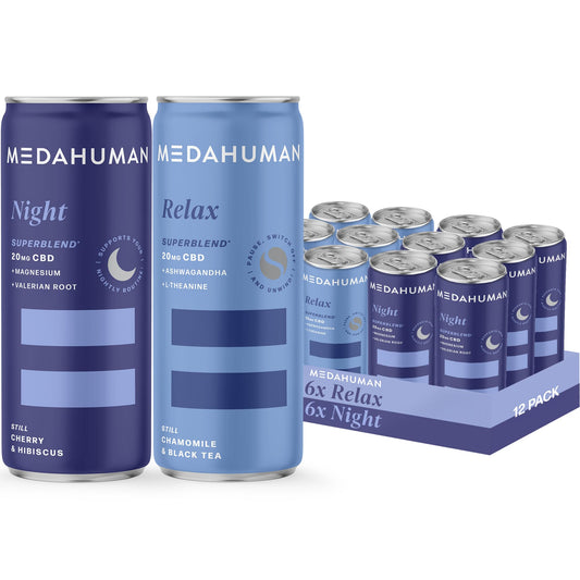 MEDAHUMAN CBD Still Drink Mixed Pack ? Night (Sour Cherry & Hibiscus) & Relax (Chamomile & Black Tea) with Ashwagandha, Valerian Root, L-Theanine,