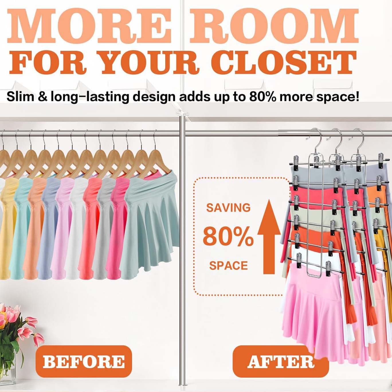 ABCHCHS Pants Hangers with Clips - Space Saving Hanging Closet Organizer and Storage - 6 Tiers Skirt Hangers with 360° Swivel Hook