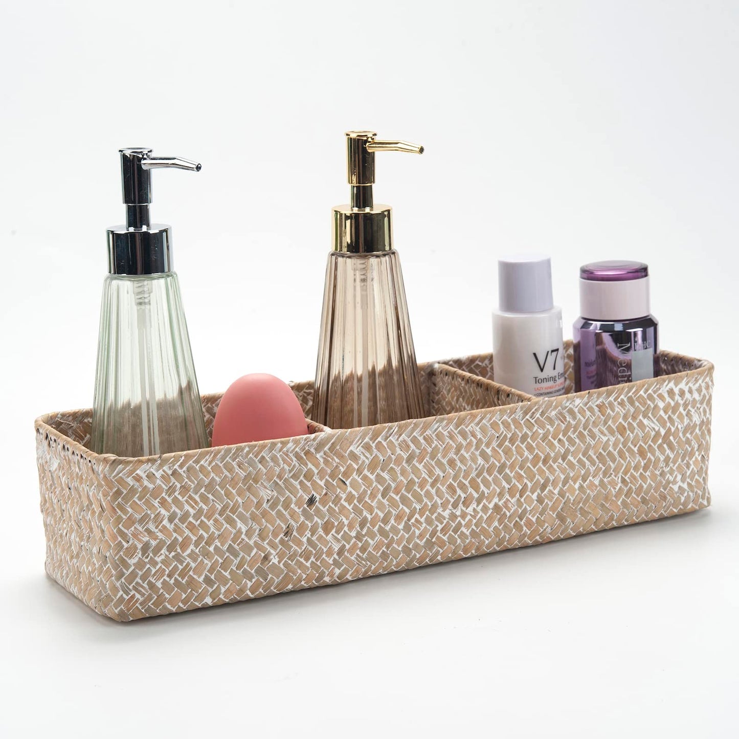 Seagrass Storage Basket with 3 Sections Woven Shelf Baskets for Organizing (Whitewash, 37cm x 12cm x 8cm)