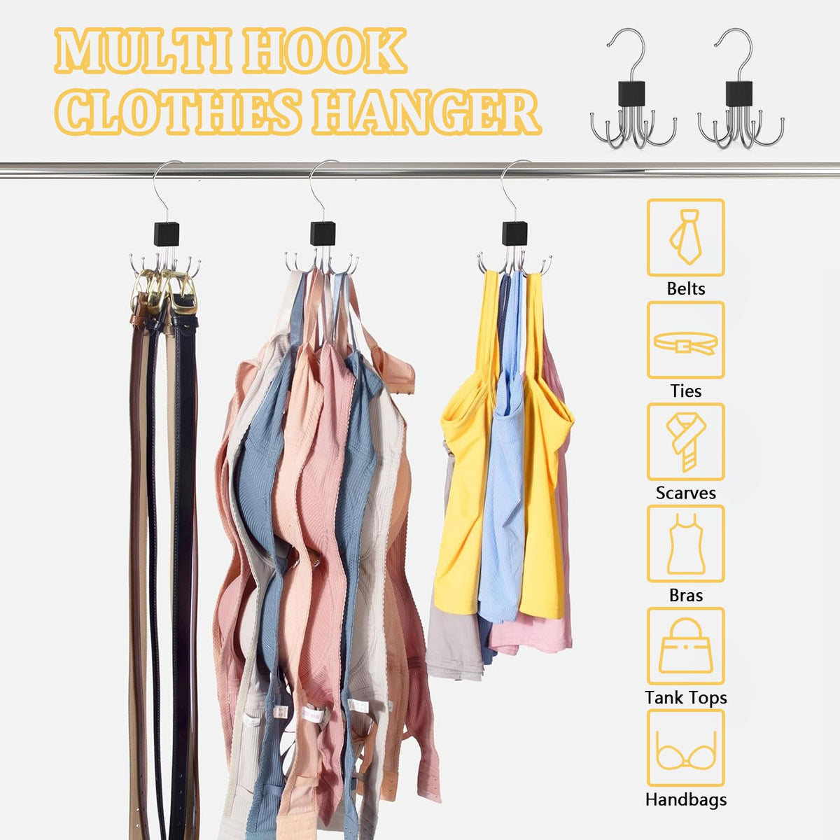 Belt Hanger Tie Rack for Wardrobe2Pack – 360° Rotatable Closet Organizer with 6 Hooks Space Saving Storage Holder for Belts Ties Scarves Bras Wood