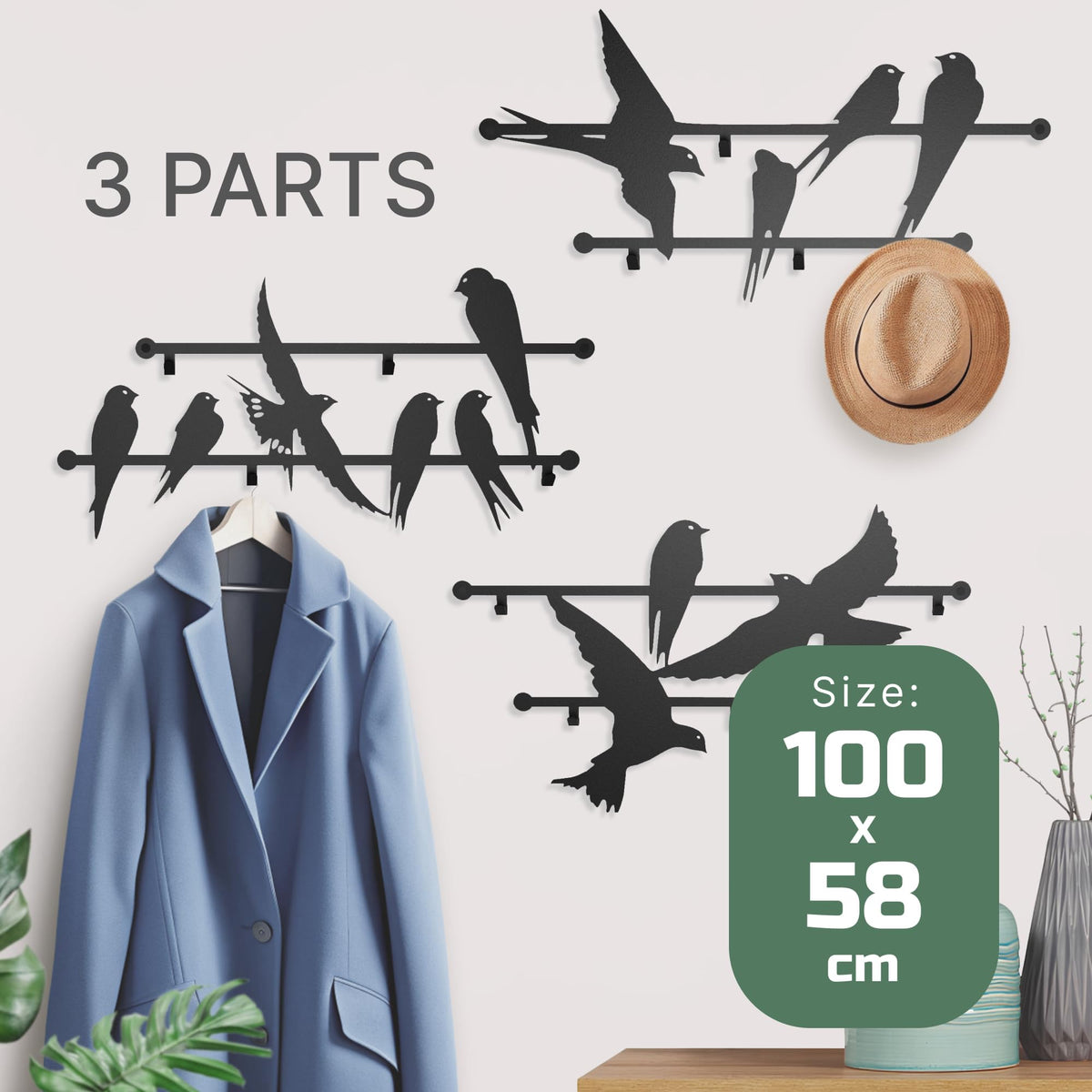 Entrance Coat Rack 3pcs Metal 2mm Wall Design Mounted Birds 23x40 Inches - Heavy Duty Hallway Hanger Hooks for Kids and Adults