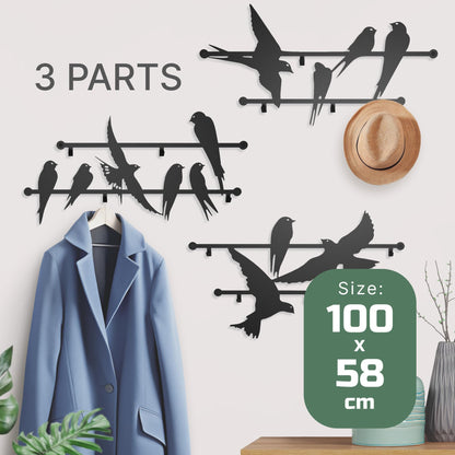 Entrance Coat Rack 3pcs Metal 2mm Wall Design Mounted Birds 23x40 Inches - Heavy Duty Hallway Hanger Hooks for Kids and Adults