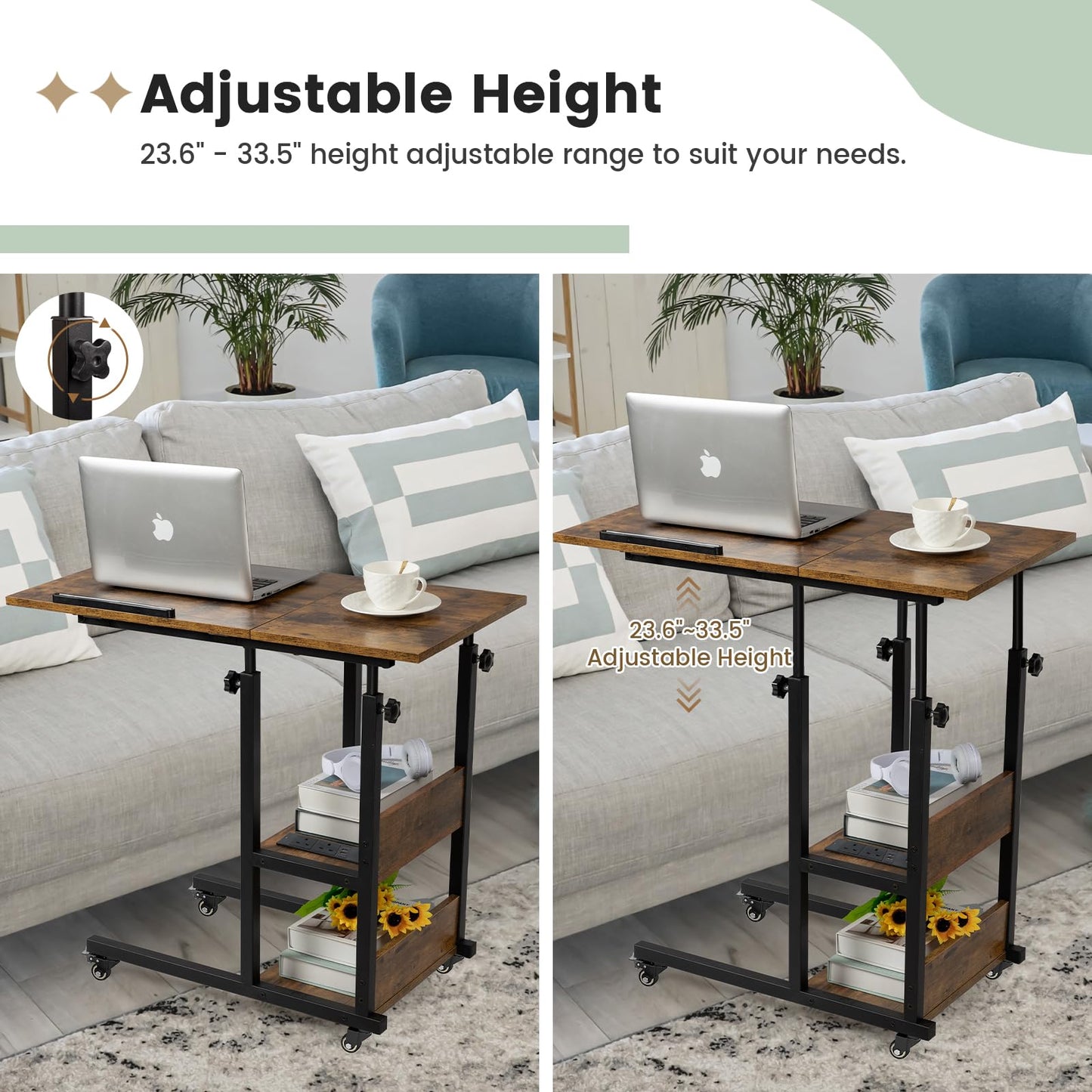 Hadulcet c shaped side table, sofa table with Charging Station, Adjustable Height, c table end table with Storage Space for Living Room, Bedroom
