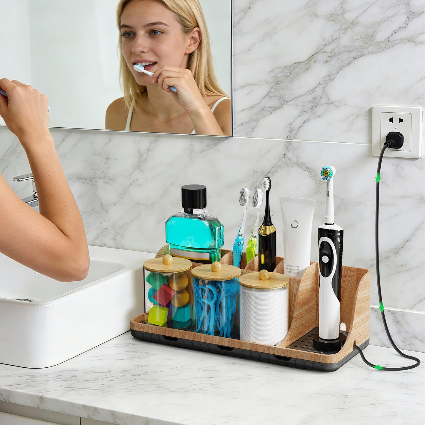 PARKMANI Toothbrush Holder for Bathroom Organizer Storage, Electric Tooth Brush Holder with 3 PCS Cotton Bud Holder, Bathroom Accessories for Family