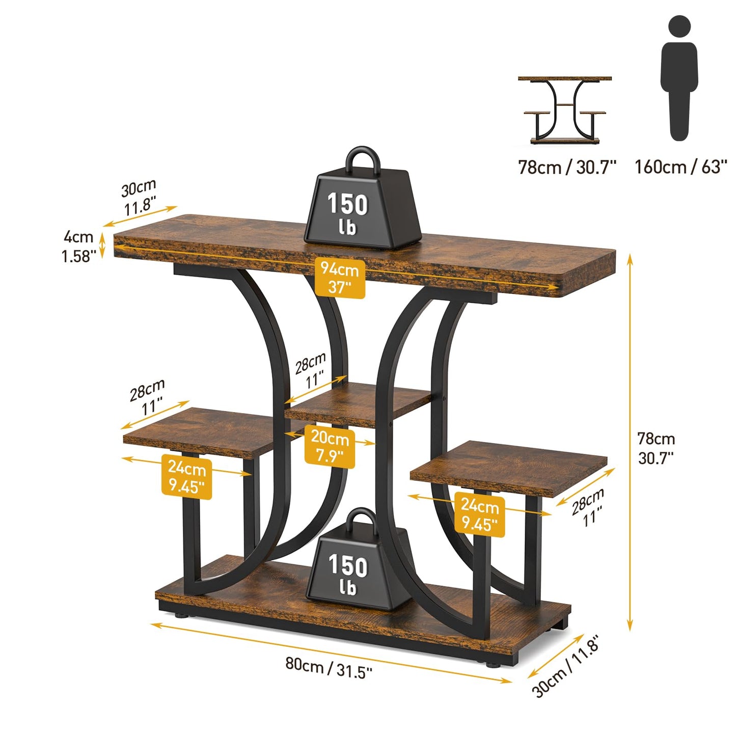 ikkle Console Table, 37'' Hallway Table Behind Sofa Table with Curved Base, Industrial 4-Tier Narrow Wood Slim Console Table with Storage for Living