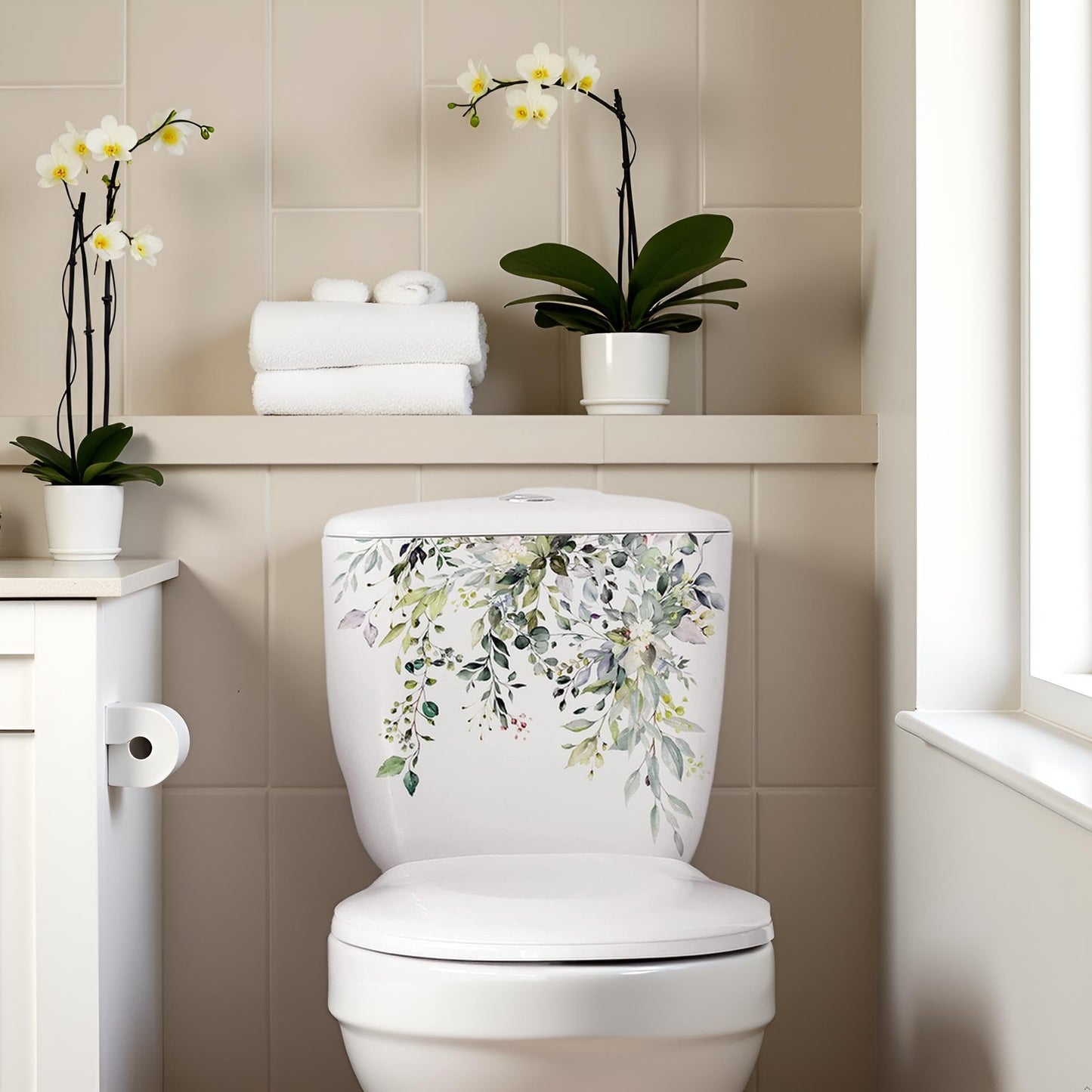 Green Plant Leaves Flowers Toilet Seat Lid Stickers Self-Adhesive Bathroom Stickers Green Leaf Floral Decals DIY Removable Waterproof Toilet Sticker