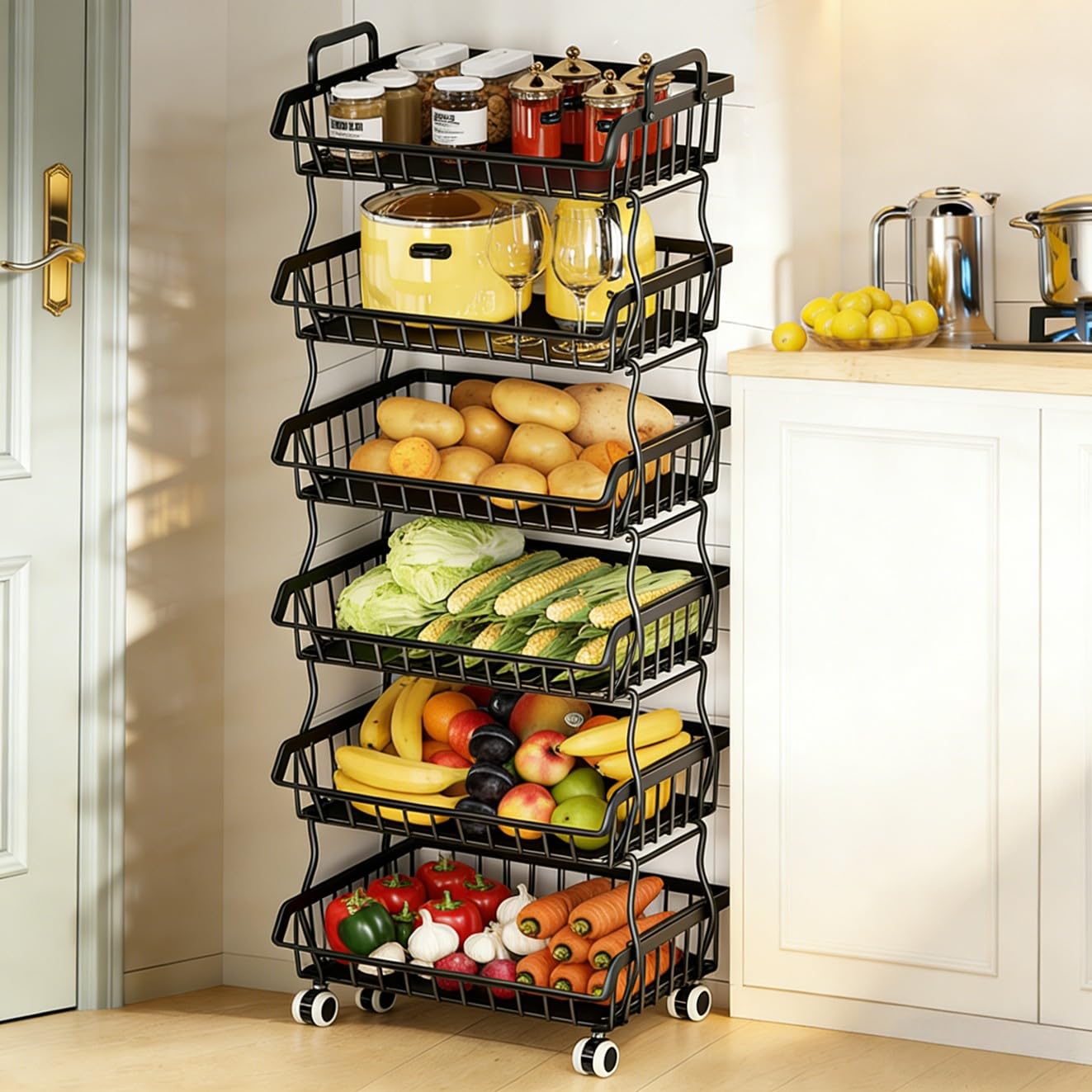 Metal Wire Basket with Top handle and Rolling wheels, Stackable Separable Storage Cart, Heavy Duty Organizer for Kitchen, Bathroom, Bedroom