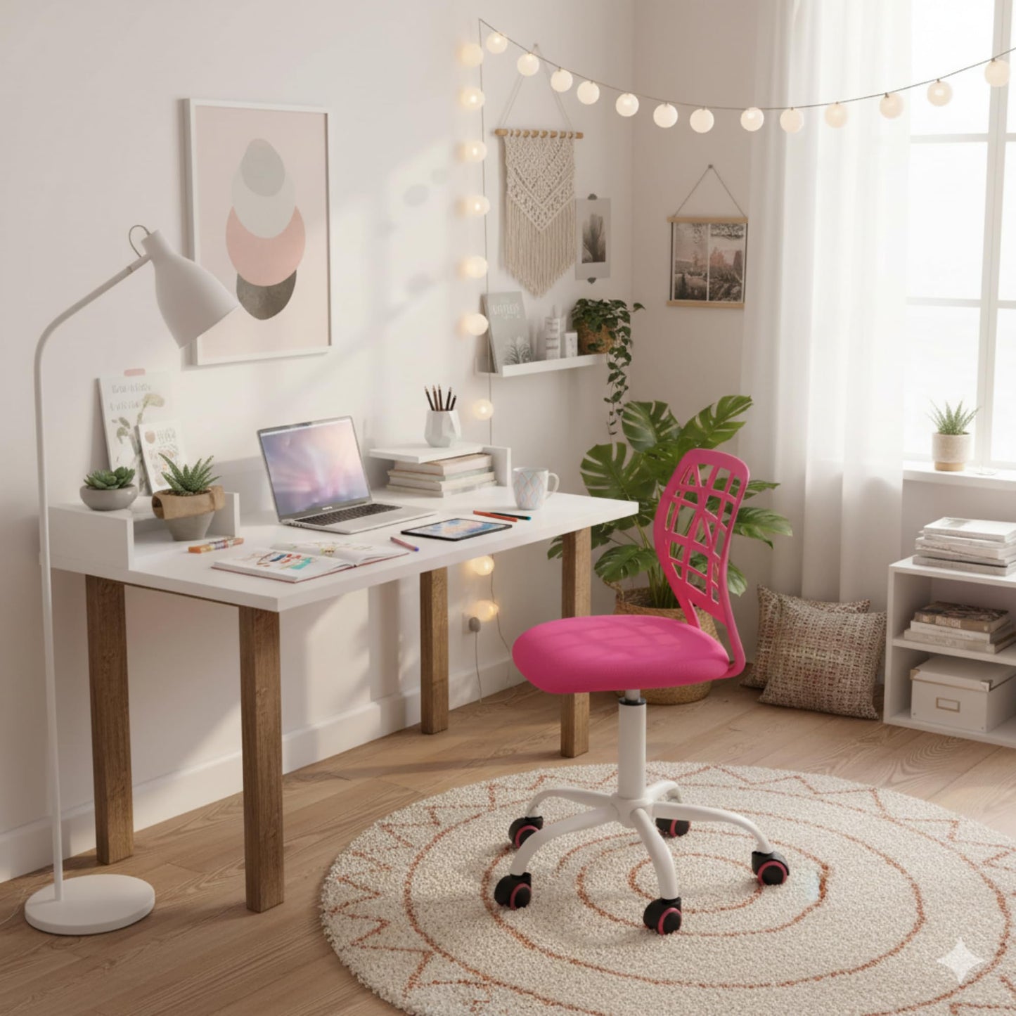 FurnitureR Office Chair Desk Chair Adjustable Height Swivel Fabric Seat Ergonomic Work Chair without Armrest, Pink