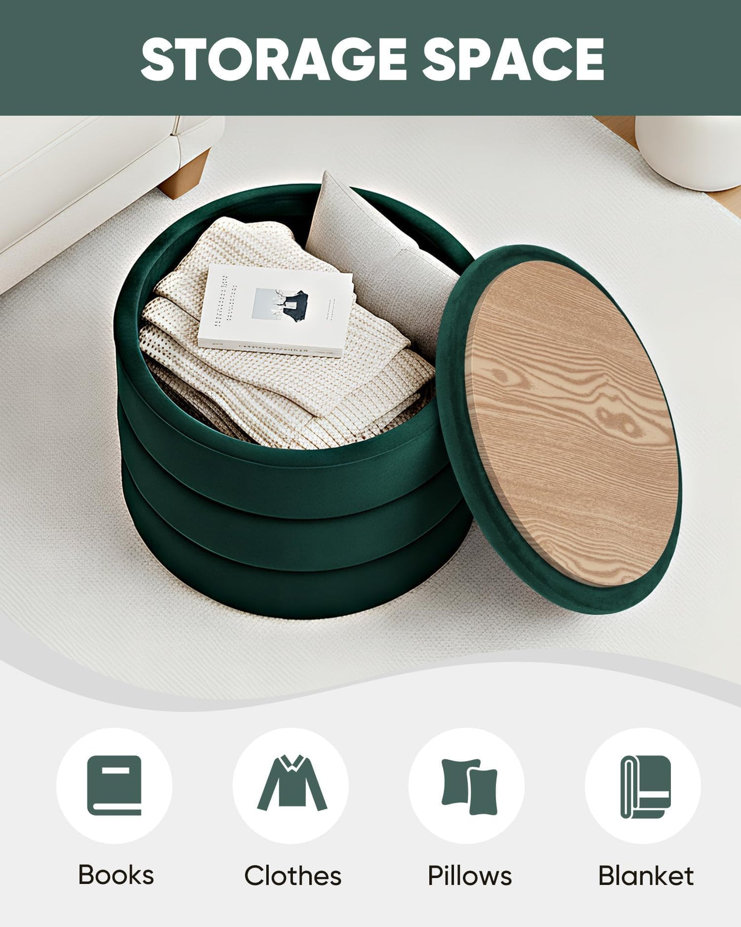Bonlife Large Storage Ottoman Round - Folding Foot Rest with Hidden Storage, Bottle Green Velvet 58x58x44cm for Living Room, Bedroom & Hallway