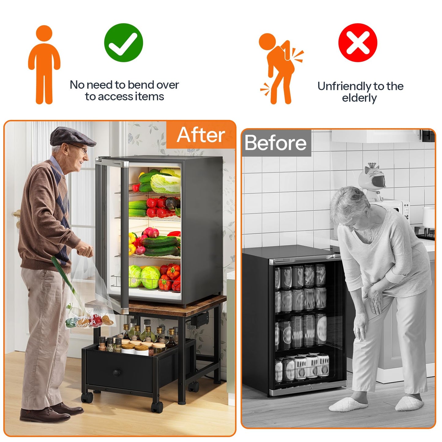 HOOBRO Mini Fridge Stand with Storage Basket and Power Outlet, Mini Fridge Cabinet with Wheels and Adjustable Feet, Mobile Fridge Shelf, for Home