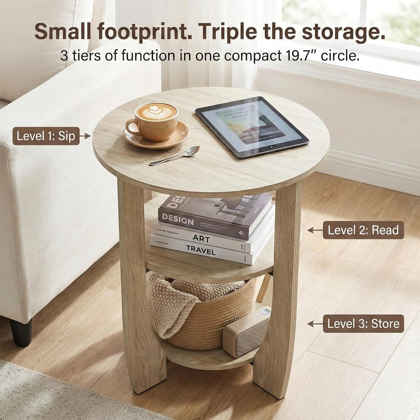 ZEXVIDA 3 Tier Round Side Table, Farmhouse Wood End Tables with Storage, Country Accent Small Sofa Bedside Table Coffee Table for Living Room Bedroom