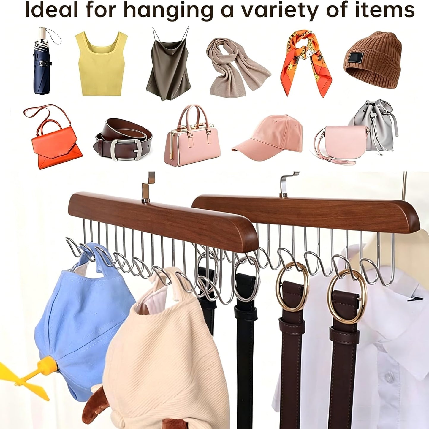 JXAurix 2 Pack Non Slip Wooden Multi Hook Hanger 8 Hooks Each 360° Rotatable U-Shaped Heavy Duty 40kg Load Bearing Wardrobe Organiser for Belts Ties