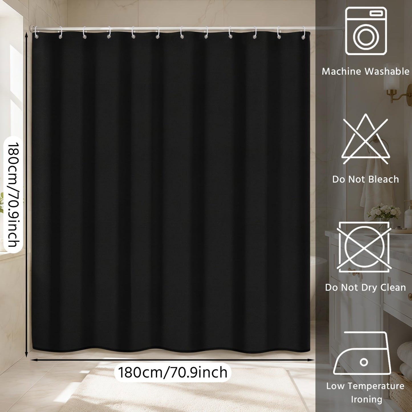 FAVORTALK Black Shower Curtains Waterproof Polyester Fabric Shower Curtain Mould Proof Mildew Resistant 180x180cm Solid Bathroom Curtain Set with 12