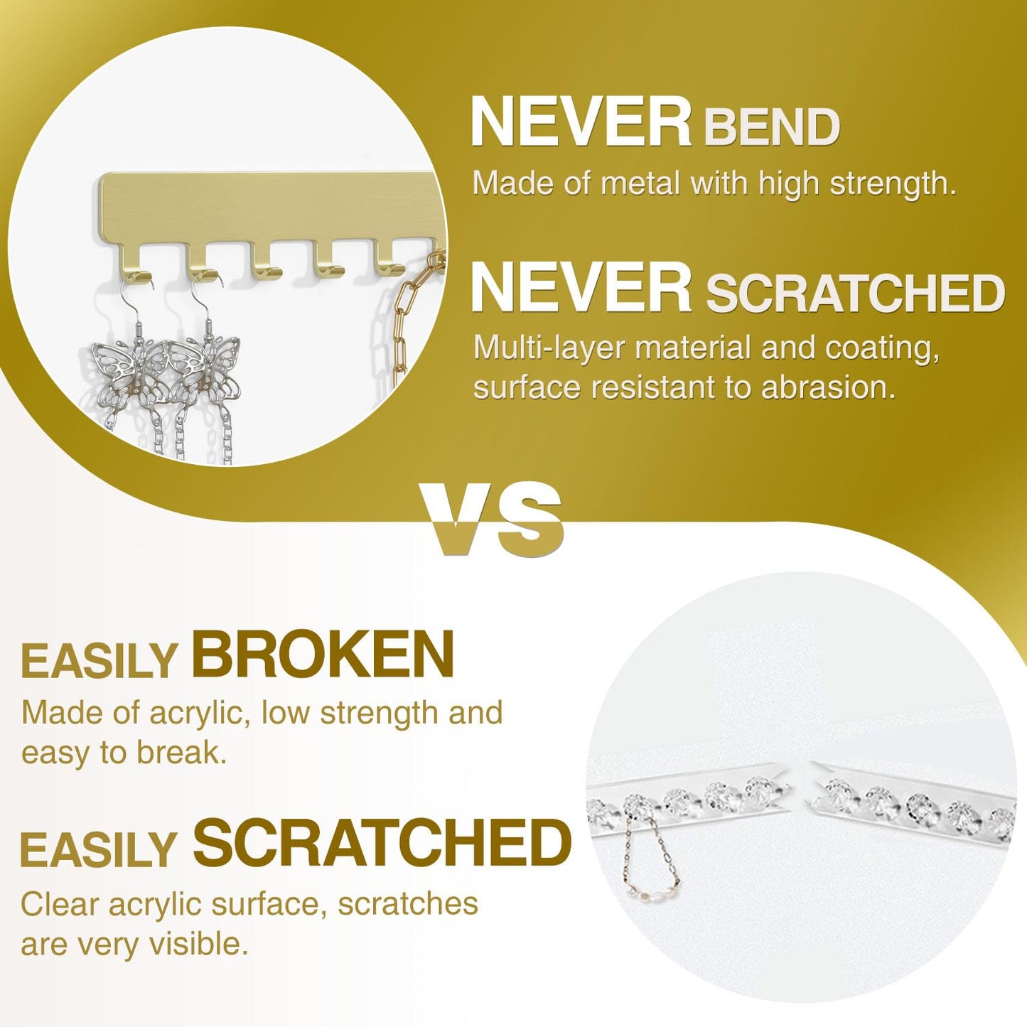Josmimic Wall Necklace Organizer Holder: Wall Mounted Jewelry Hanging Storage Necklaces Display Hanger Gold 2 PCS