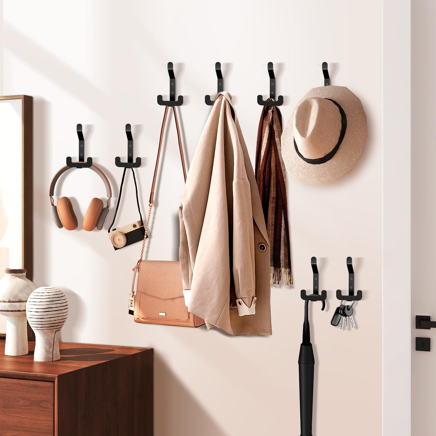 MEIJO 10 Coat Hooks Wall Mounted Stainless Steel, Black Coat Rack Wall Mounted Heavy Duty Wall Hook, Coat Hooks for Door, Bedroom, Bathroo