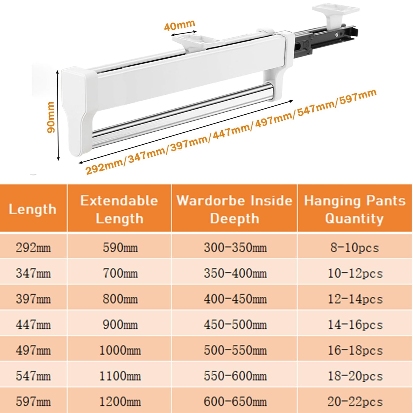 MAFAGE Pull Out Clothes Rail, Extendable Wardrobe Hanging Rail Rack 292mm